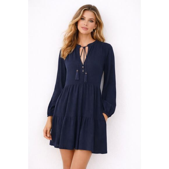 Forever 21 Shoes - Forever 21 Navy Boho Mini Dress Long Sleeve Tassel Tie Neck Medium Peasant